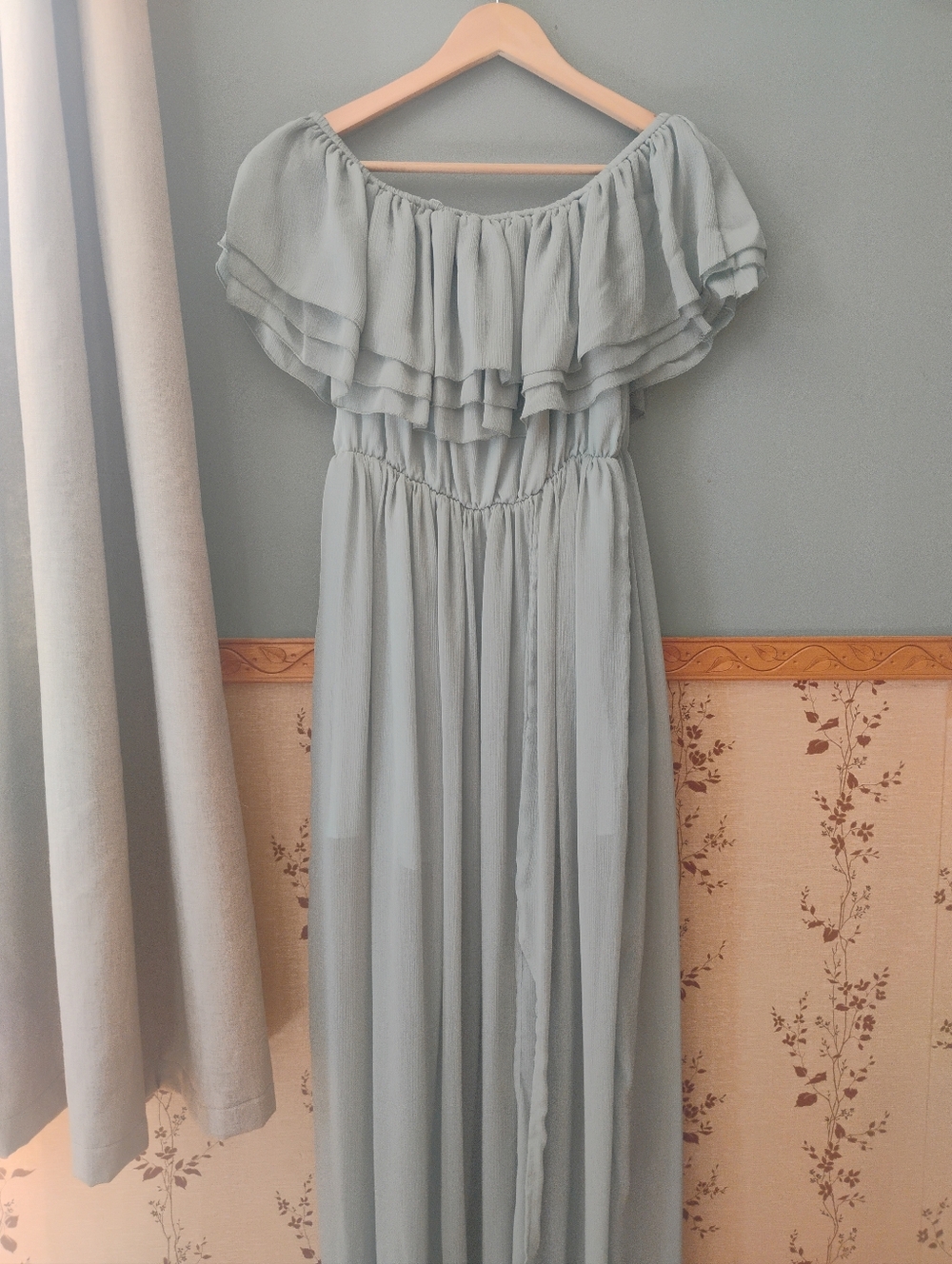 Sweetheart Ruffle Off-Shoulder Maxi Dress - Sage Green